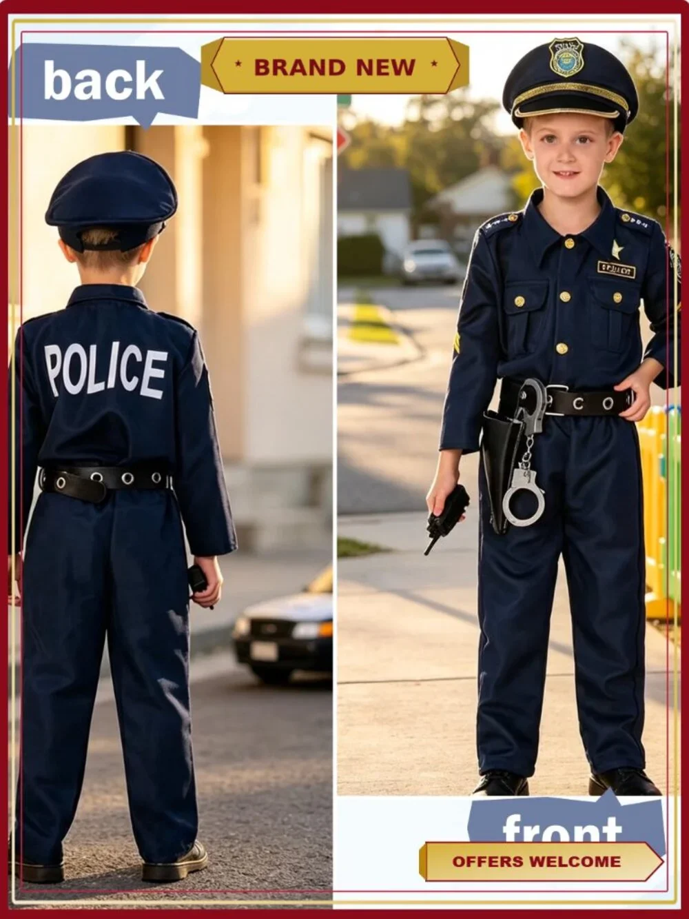 Kids Police Officer Costume Cop Uniform Pretend Play Set with Hat & Accessories
